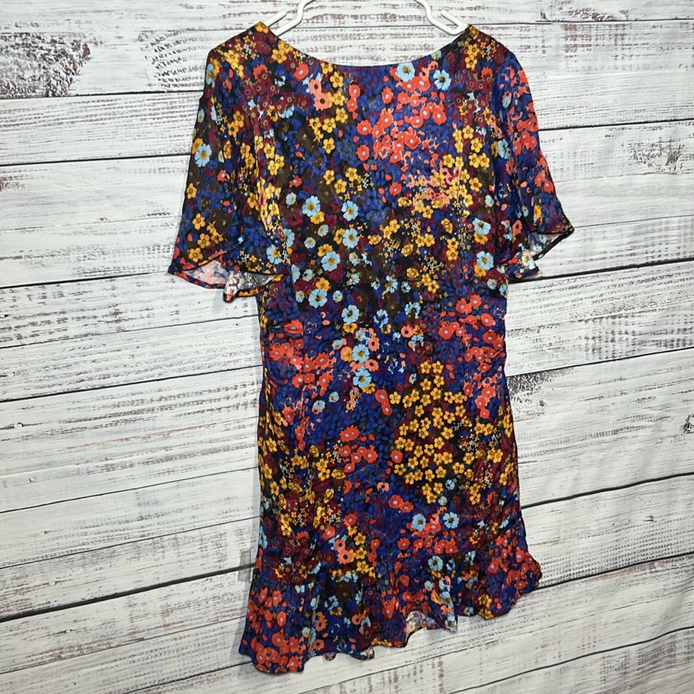 Anthropologie Ruffled Satin Mini Dress Floral Open Low Back Bow 12P - Picture 5 of 16